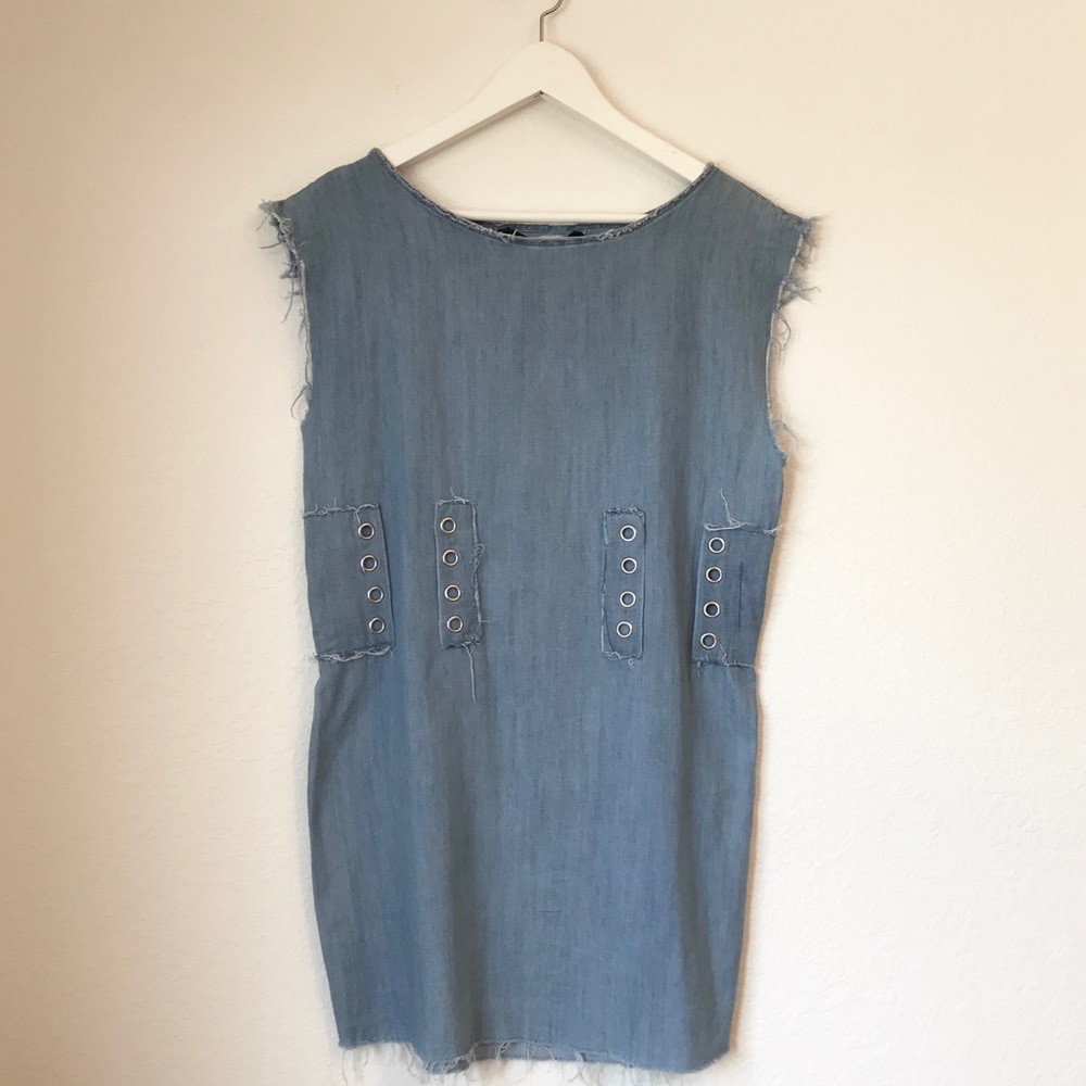 Zara Trafaluc Denim Chambray Frayed Dress M